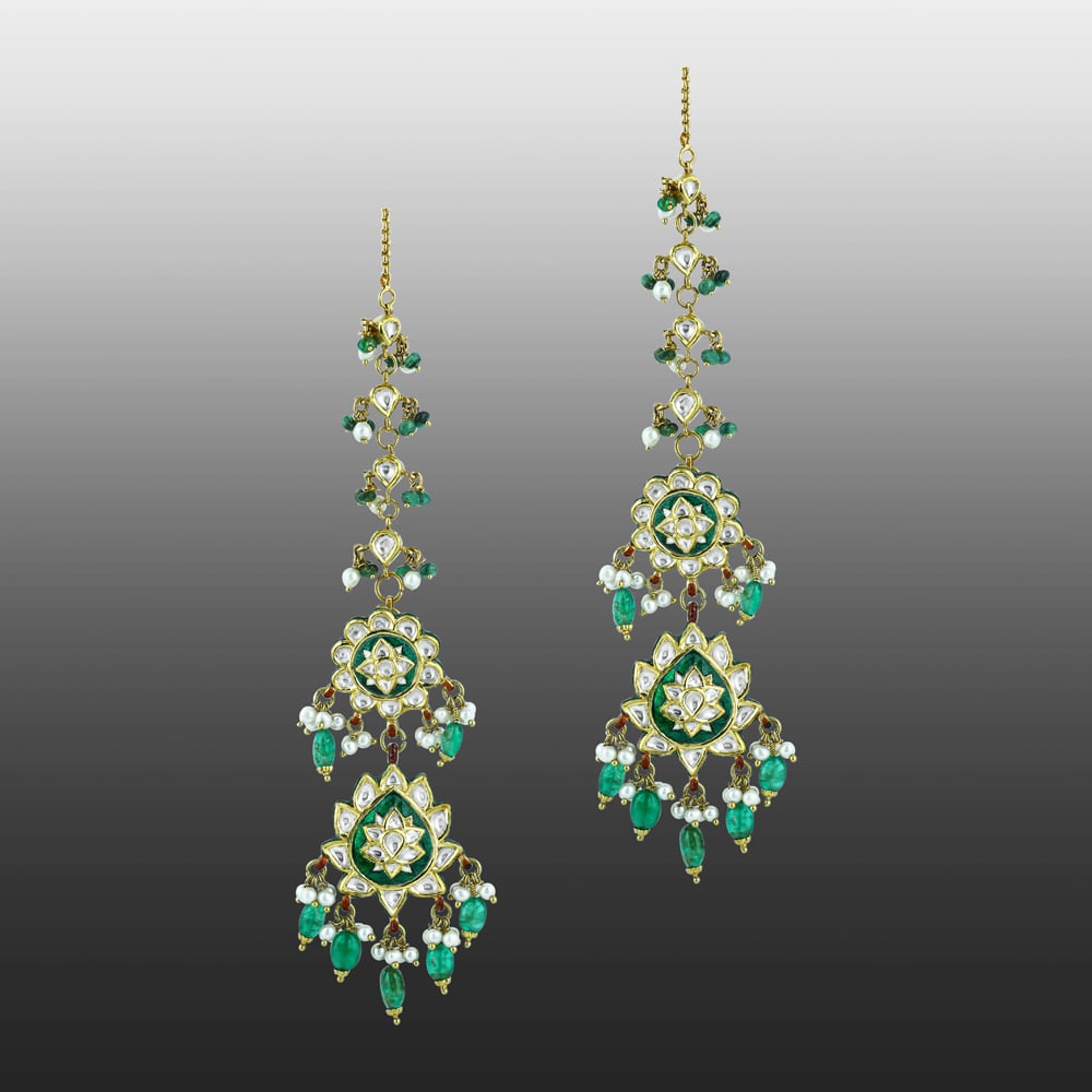 Long Earrings with Emerald, Pearls, Polki, and Floral Enamel